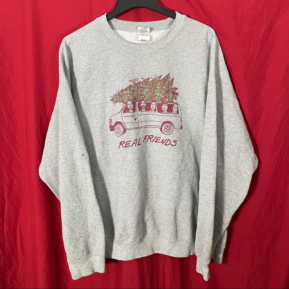 Real Friends Christmas Graphic Art Gray Crew Neck Long Sleeve Sweater